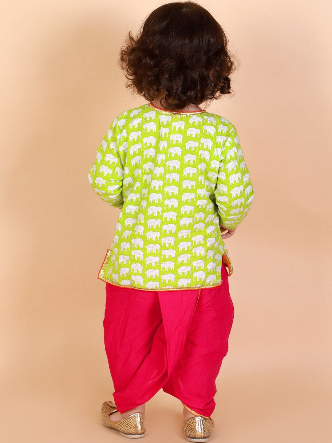 Boys Fluorescent Green Animal Printed Angrakha Pure Cotton Kurta with Dhoti Pants