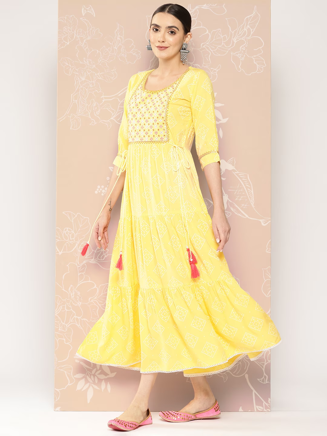 Ethnic Motifs Embroidered Puff Sleeves Fit & Flare Maxi Ethnic Dress