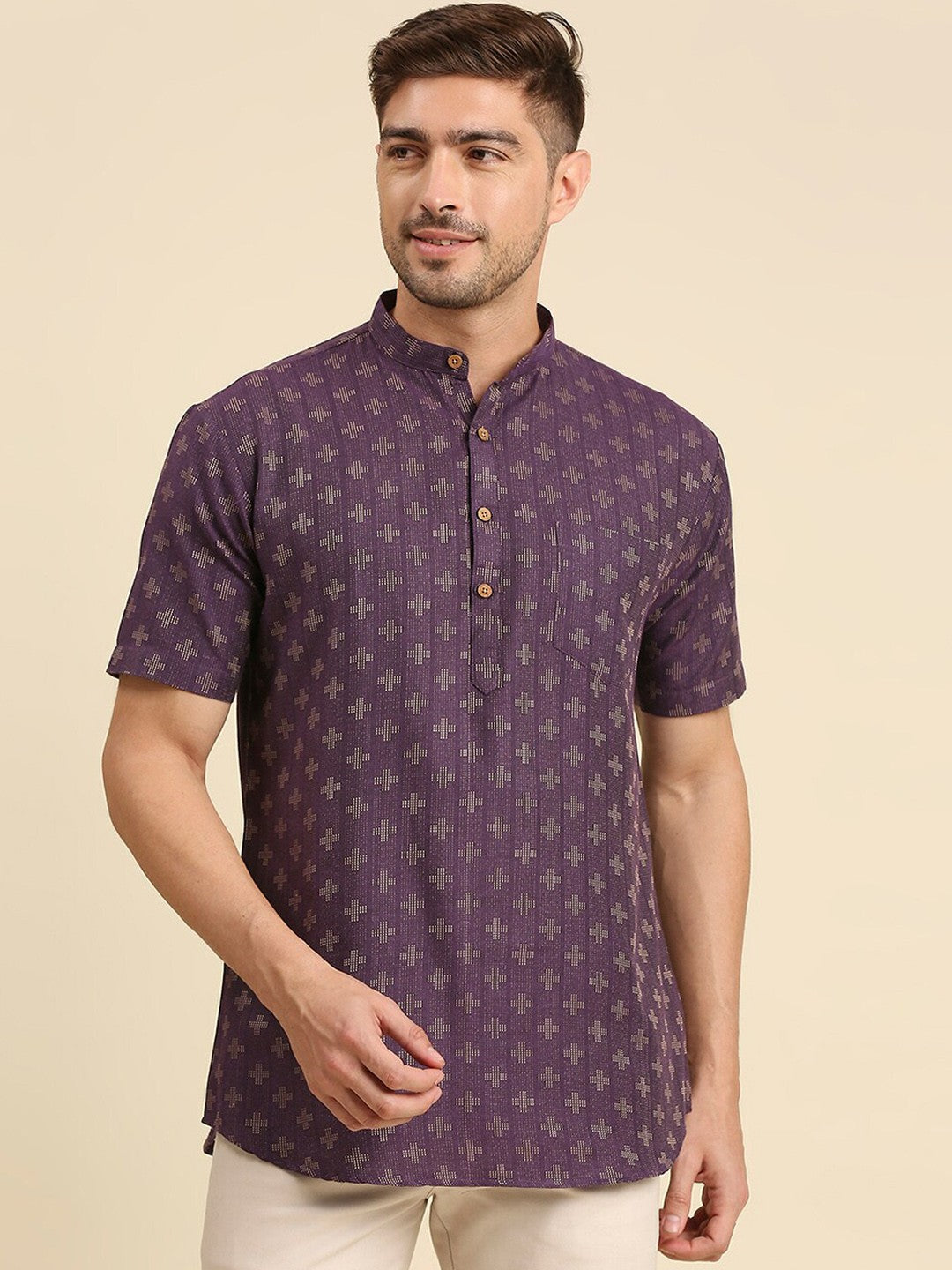 Men Geometric Woven Design Dobby Cotton Kurta