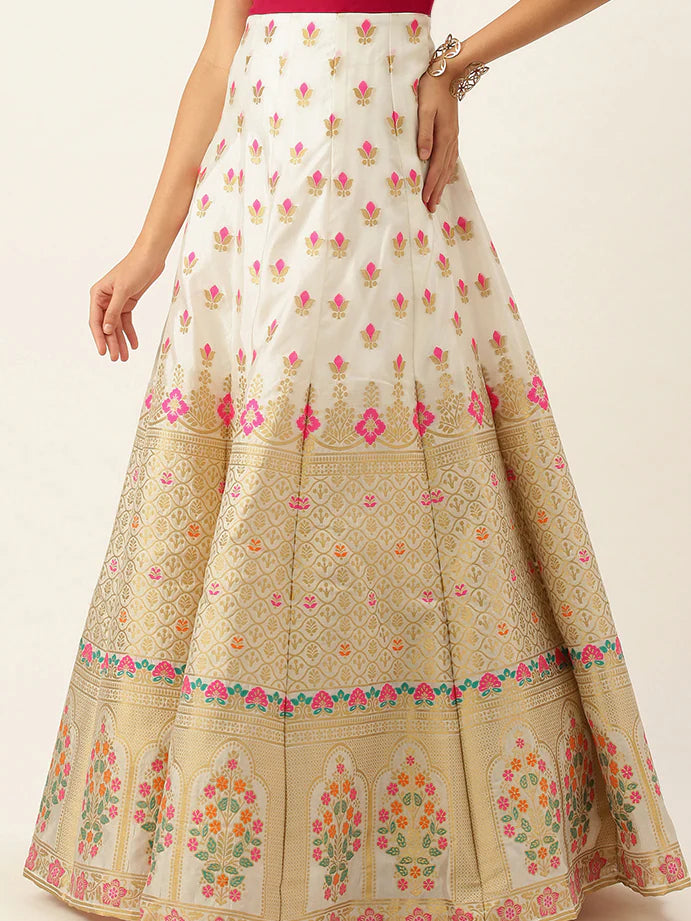 Women White Pink Made To Measure Ethnic Motifs A-Line Maxi Dress