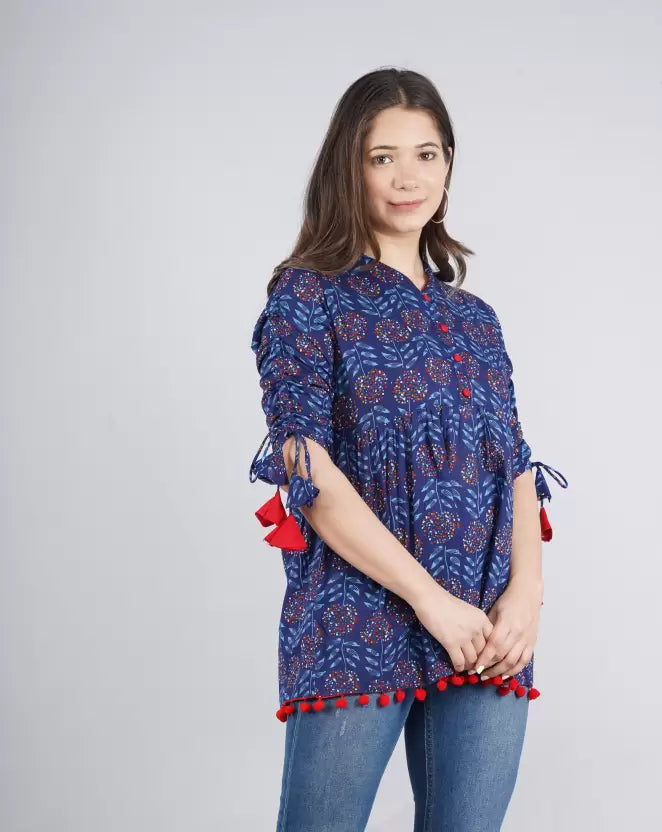 Casual Regular Sleeves Printed Women Royal Blue Top