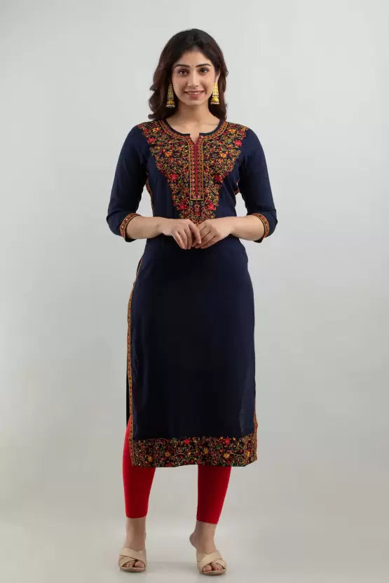 Women Embroidered Viscose Rayon Straight Kurta