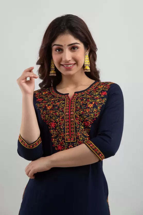 Women Embroidered Viscose Rayon Straight Kurta