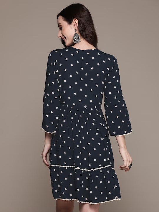 Navy Blue Floral Embroidered Tassel Detail Georgette A-Line Dress