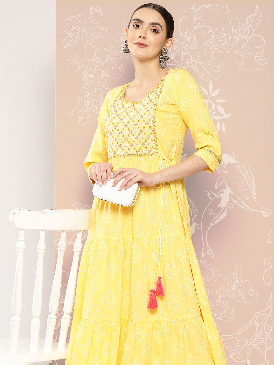 Ethnic Motifs Embroidered Puff Sleeves Fit & Flare Maxi Ethnic Dress