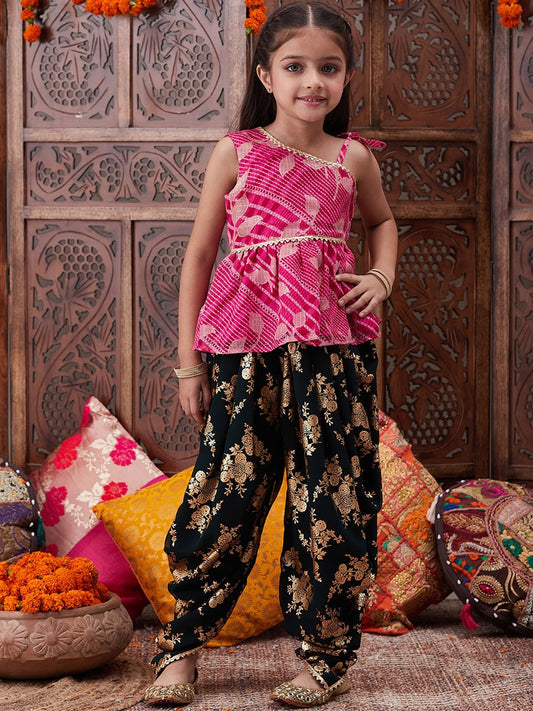 Girls Ethnic Motifs Printed One Shoulder A-Line Top With Dhoti Pants