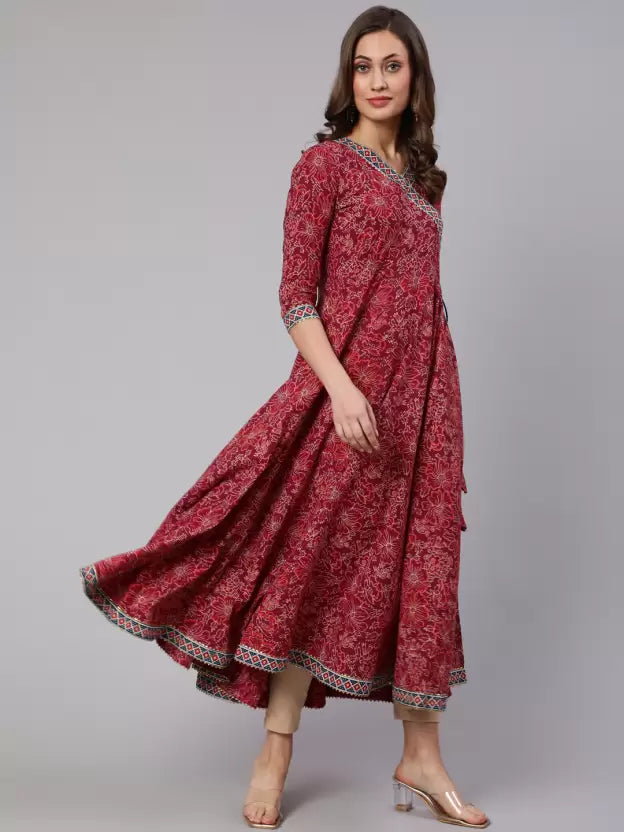 Women Printed Pure Cotton Flared Kurta (Maroon)