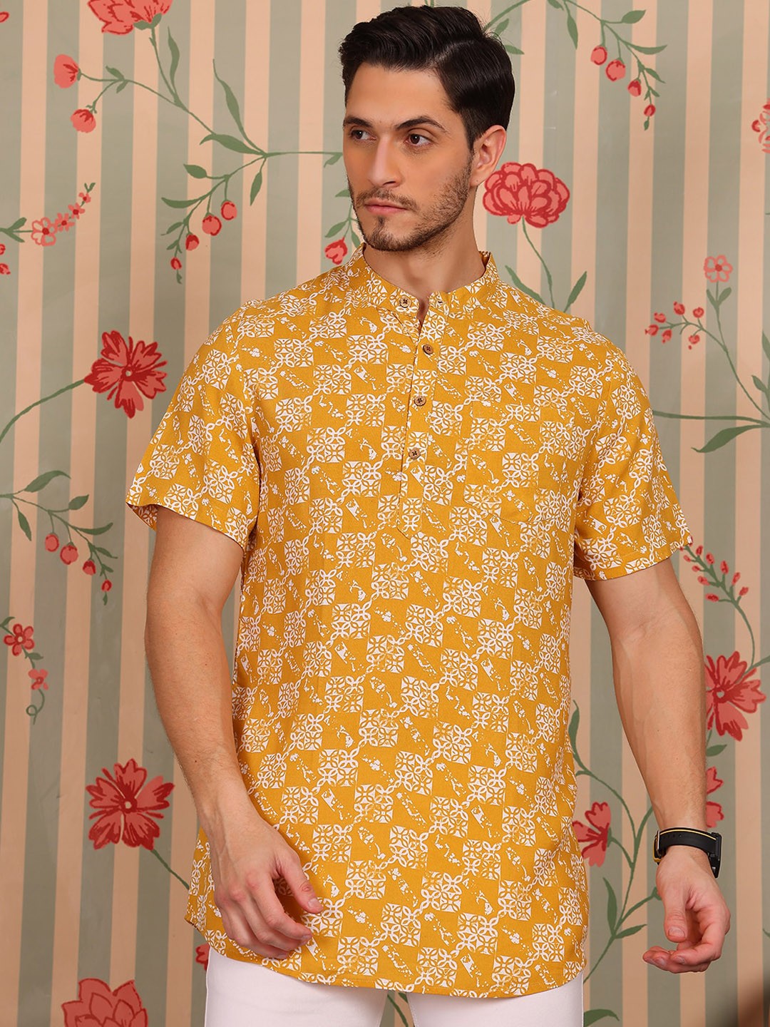 Floral Printed Mandarin Collar Short Kurta