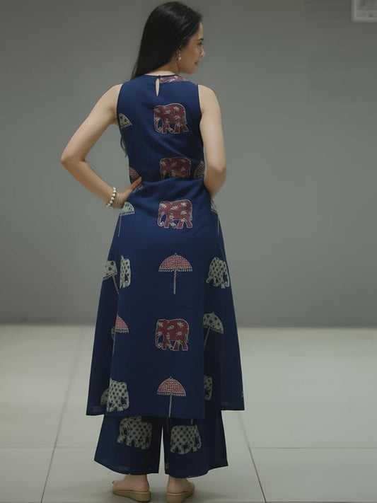 Elephant Print Sleeveless Kurta Palazzo set