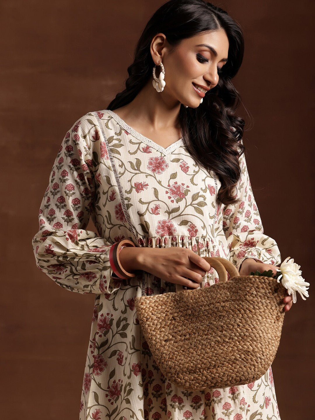 Floral Print Puff Sleeve Cotton A-Line Dress