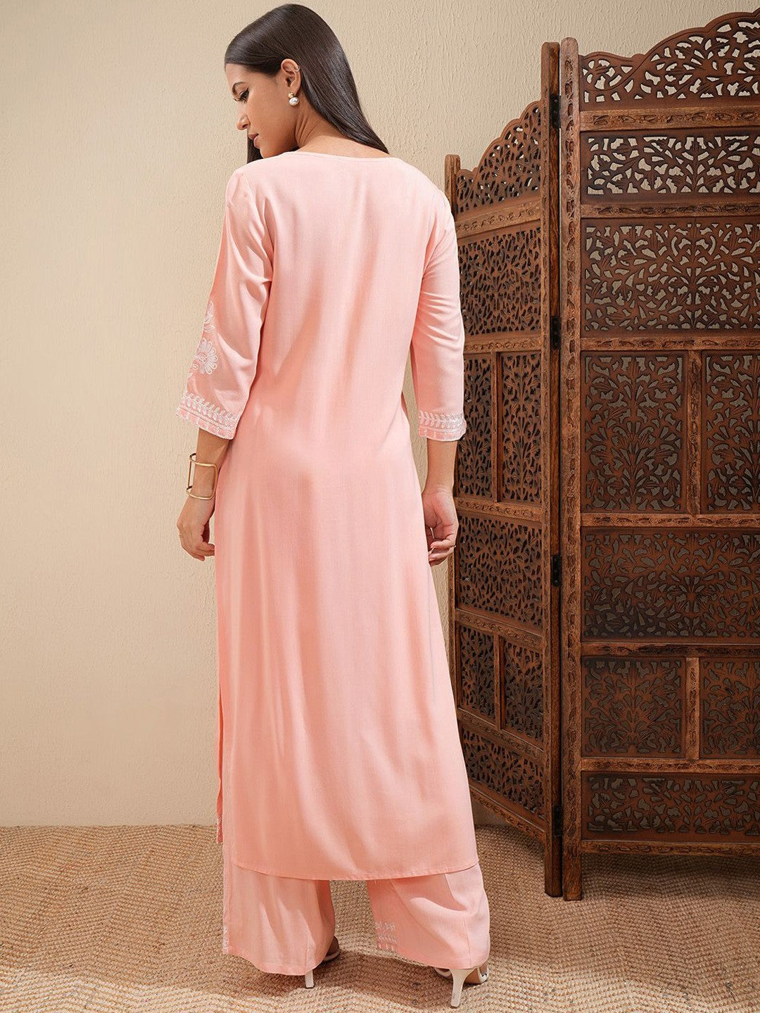 Peach-Coloured Floral Embroidered Thread Work Straight Kurta With Palazzos