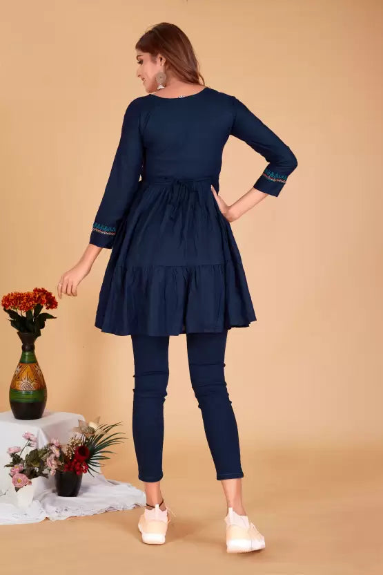 Casual Regular Sleeves Embroidered Women Dark Blue Top