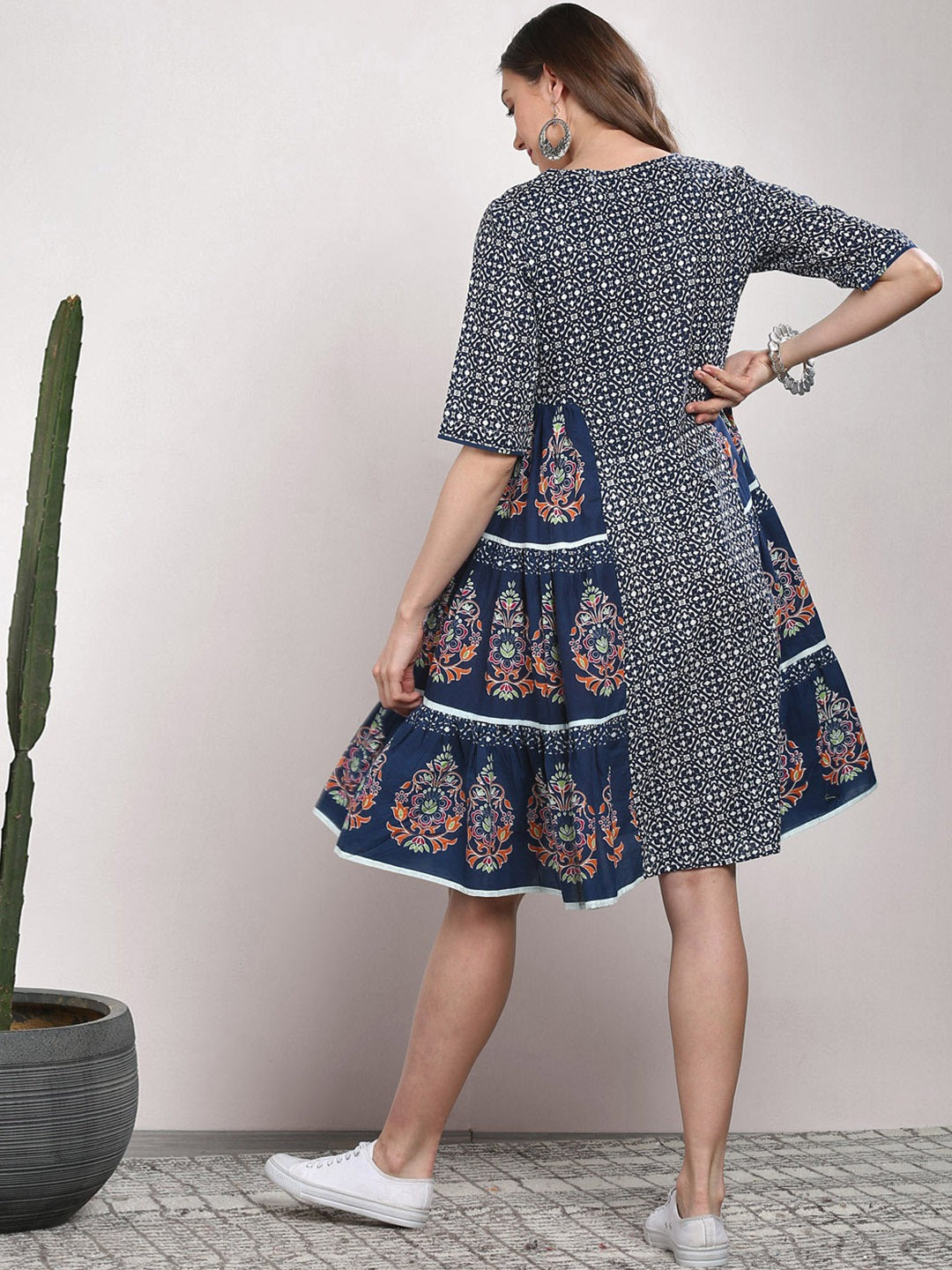 Navy Blue Abstract Printed Cotton A-Line Dress