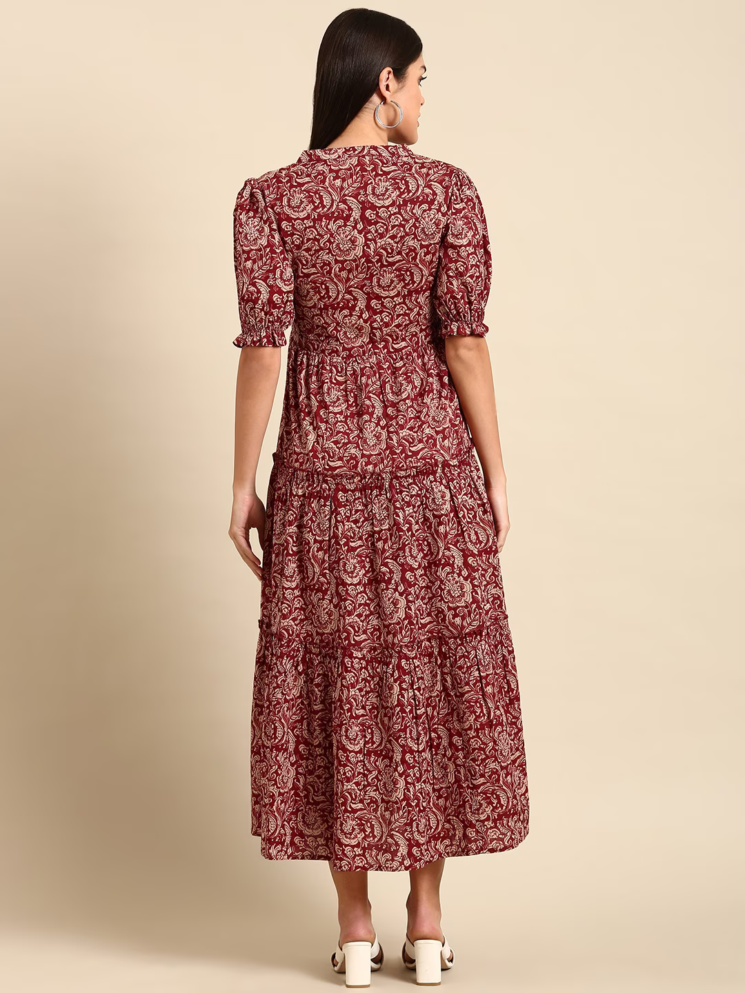 Red Floral Ethnic A-Line Cotton Midi Ethnic Dress