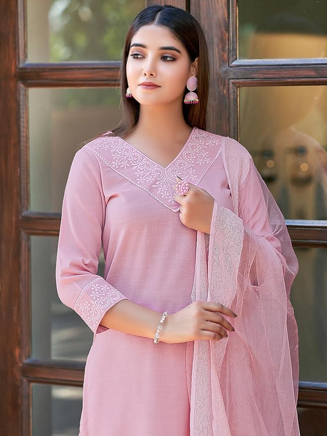 Women's Cotton Blend Embroidery Straight Kurta with Pant and Self Woven Dupatta