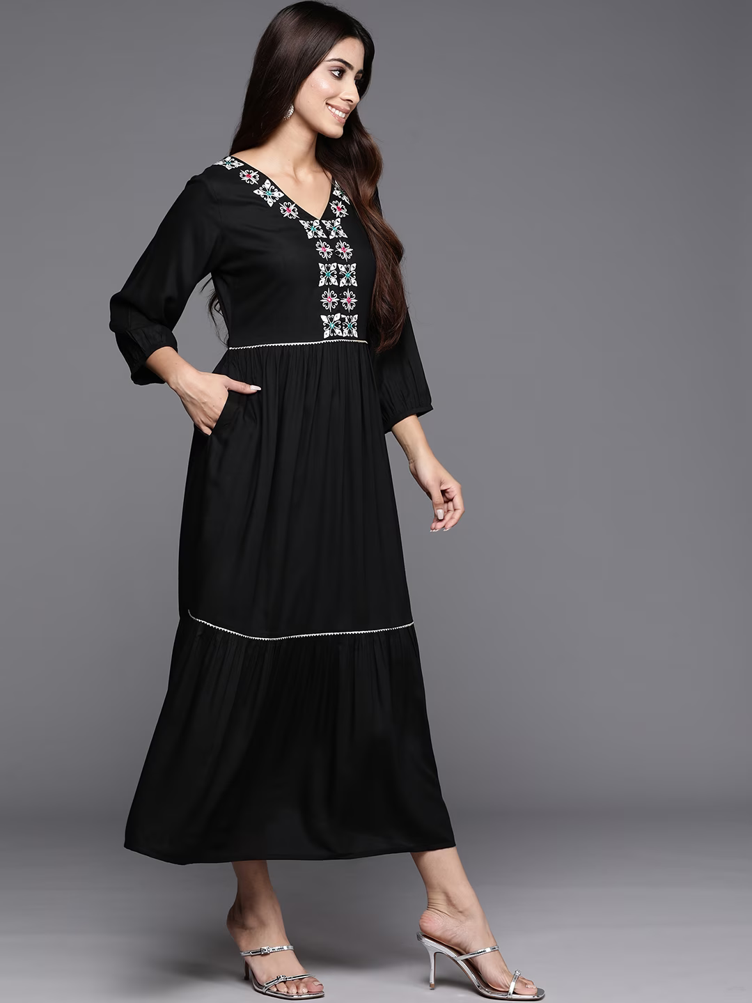 Ethnic Motifs Embroidered Puff Sleeve A-Line Ethnic Dress