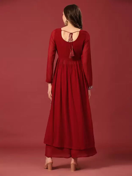 Red Embroidered Georgette Kurta Sharara Set