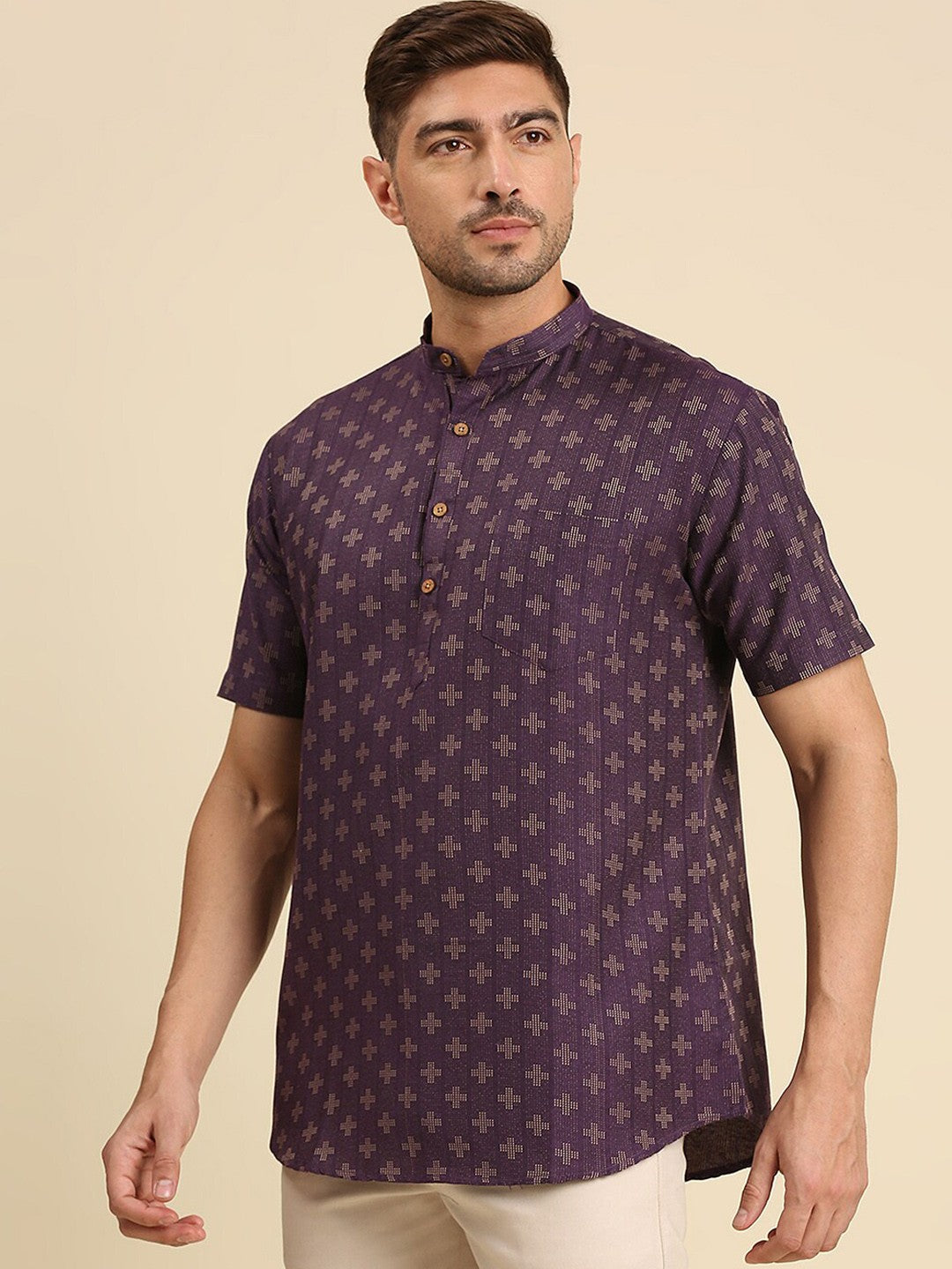 Men Geometric Woven Design Dobby Cotton Kurta