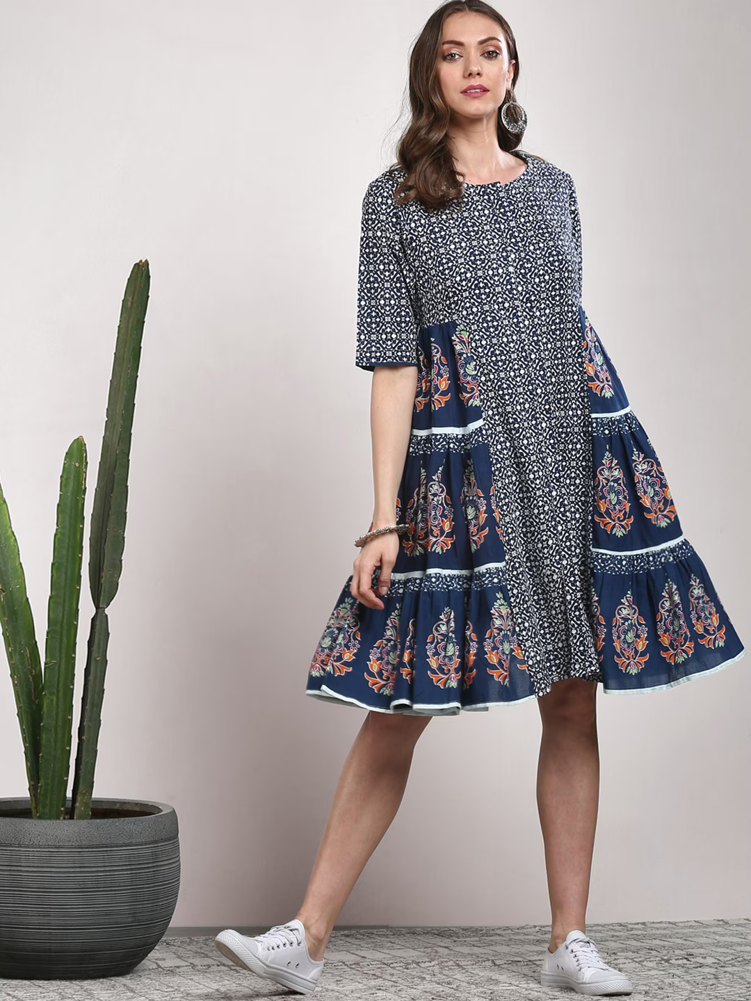 Navy Blue Abstract Printed Cotton A-Line Dress
