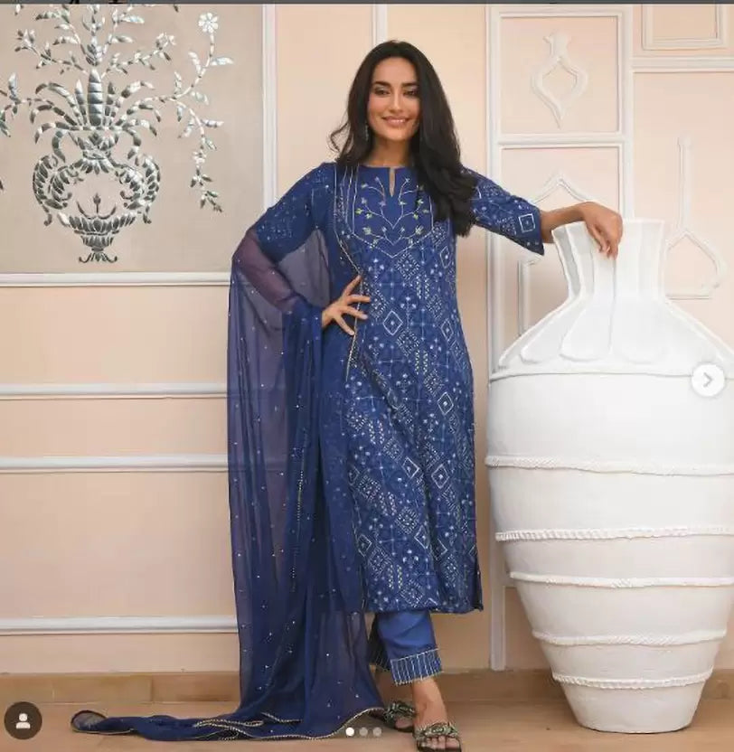 Women Blue Viscose Rayon Kurta, Palazzo Set and Dupatta set