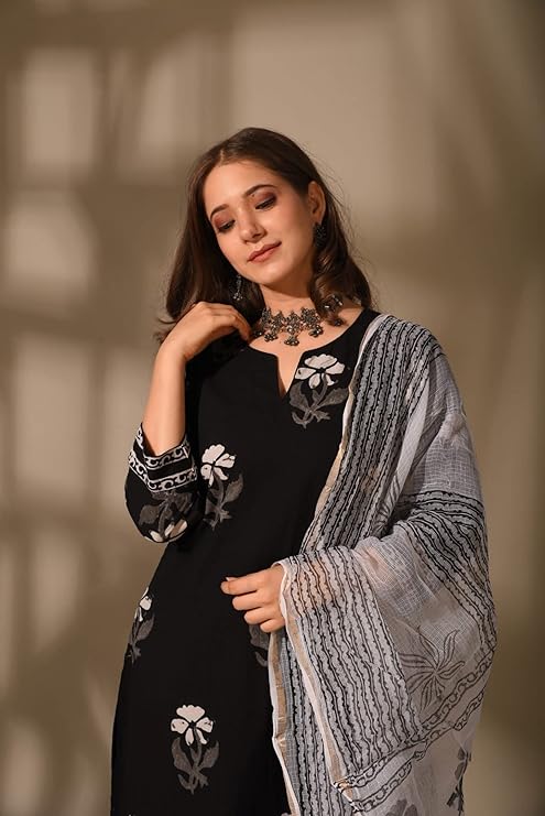 Floral Printed Black Straight Kurta set - Amy's Cart