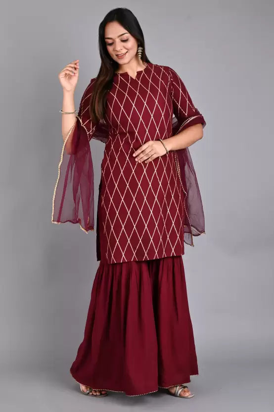 Women Maroon Viscose Rayon Kurta and Sharara Set