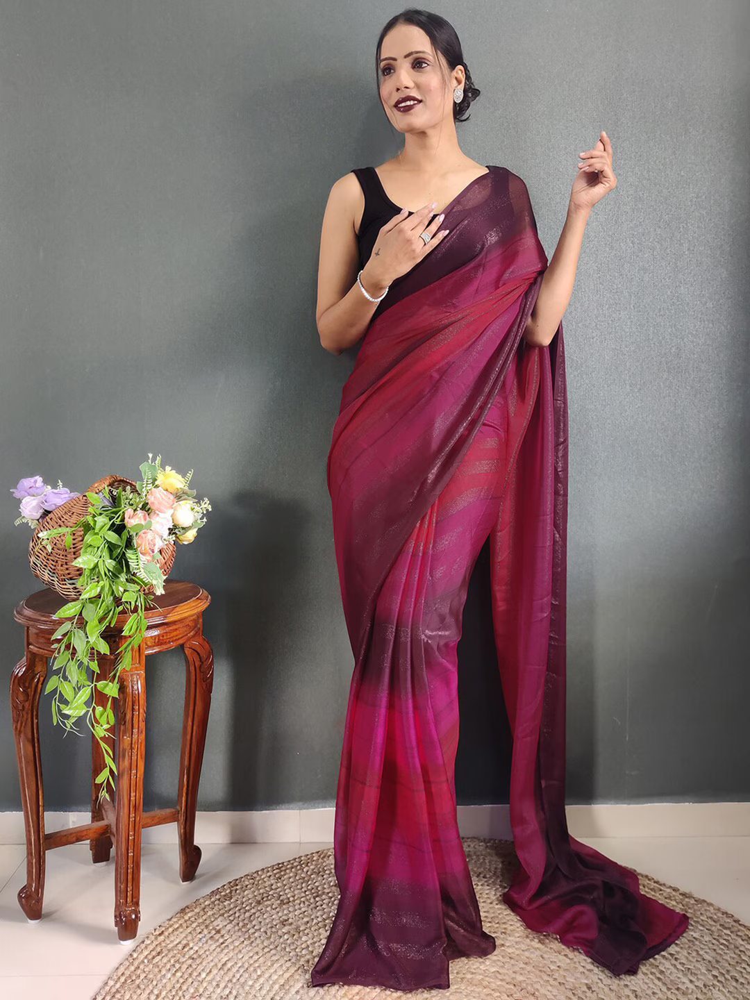 Striped Zari Poly Georgette Ready to Wear Saree