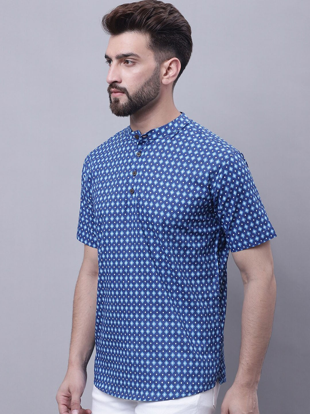 Geometric Printed Band Collar Pure Cotton Kurta