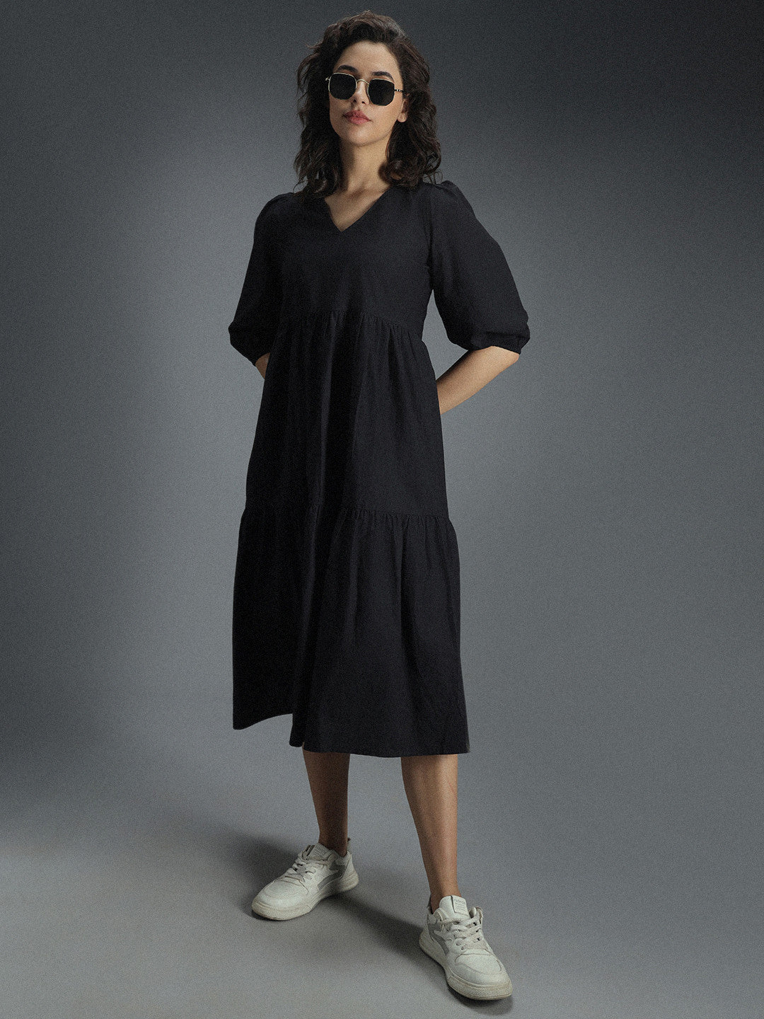 Women Fit and Flare Black Midi/Calf Length Dress Amy's Cart Women Fit and Flare Black Midi/Calf Length Dress Amy's Cart
