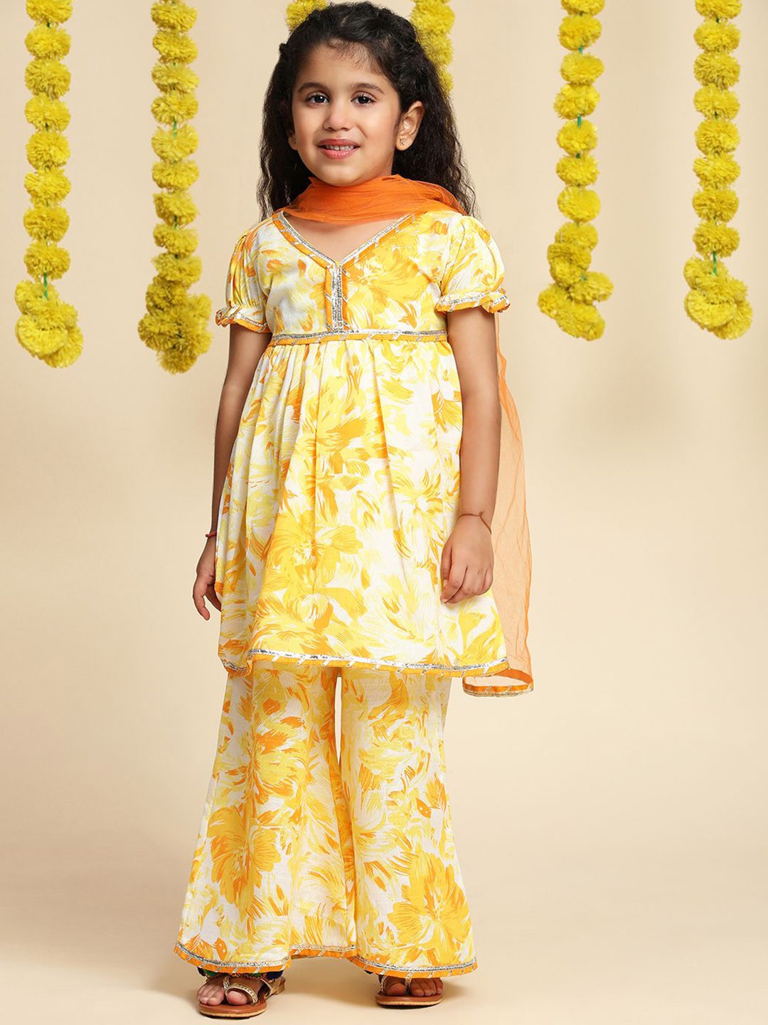 Girls Floral Printed A-Line Gotta Patti Cotton Kurta with Trousers & Dupatta
