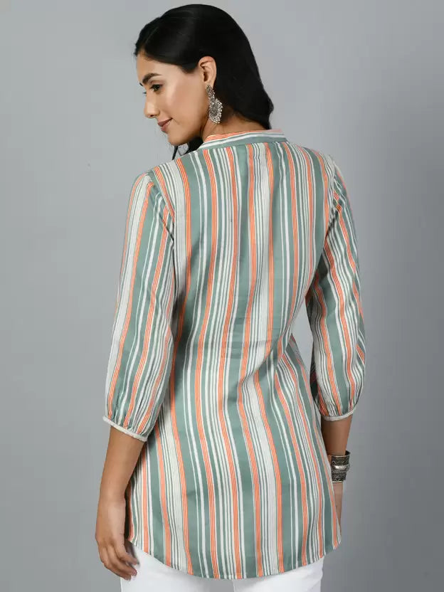 Casual Regular Sleeves Striped Women Green Top