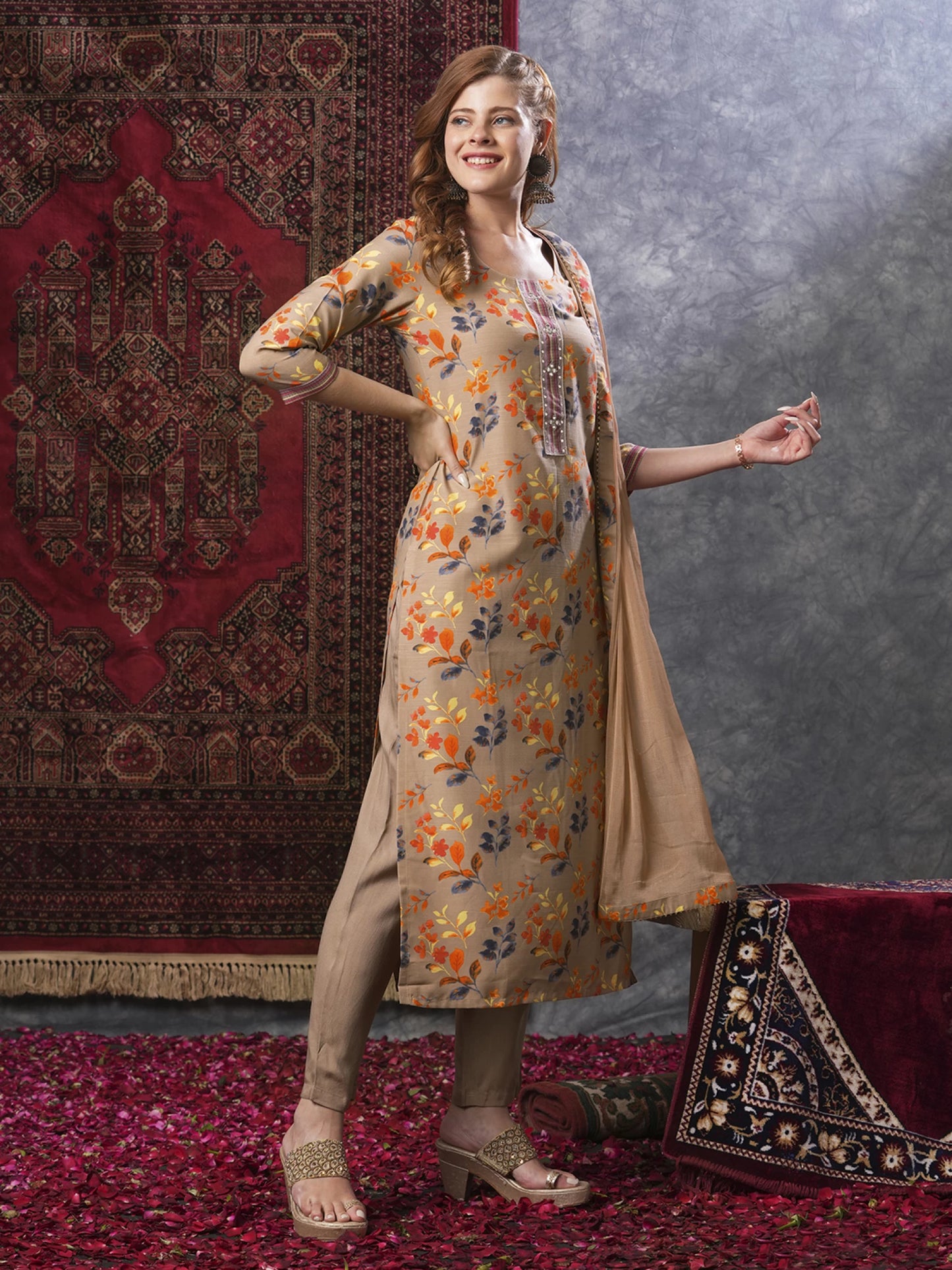Women Cotton Rayon Kurta Pant Attached Dupatta Set
