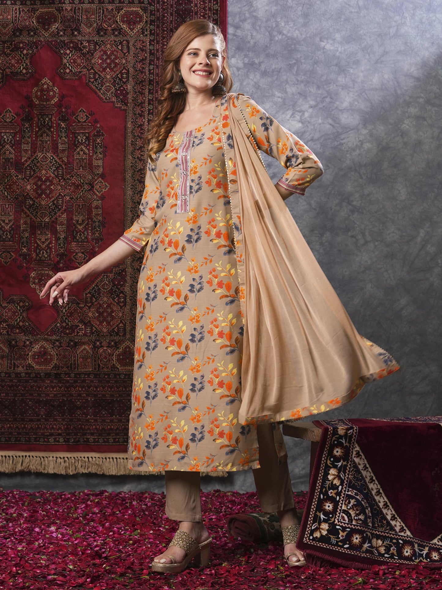 Women Cotton Rayon Kurta Pant Attached Dupatta Set
