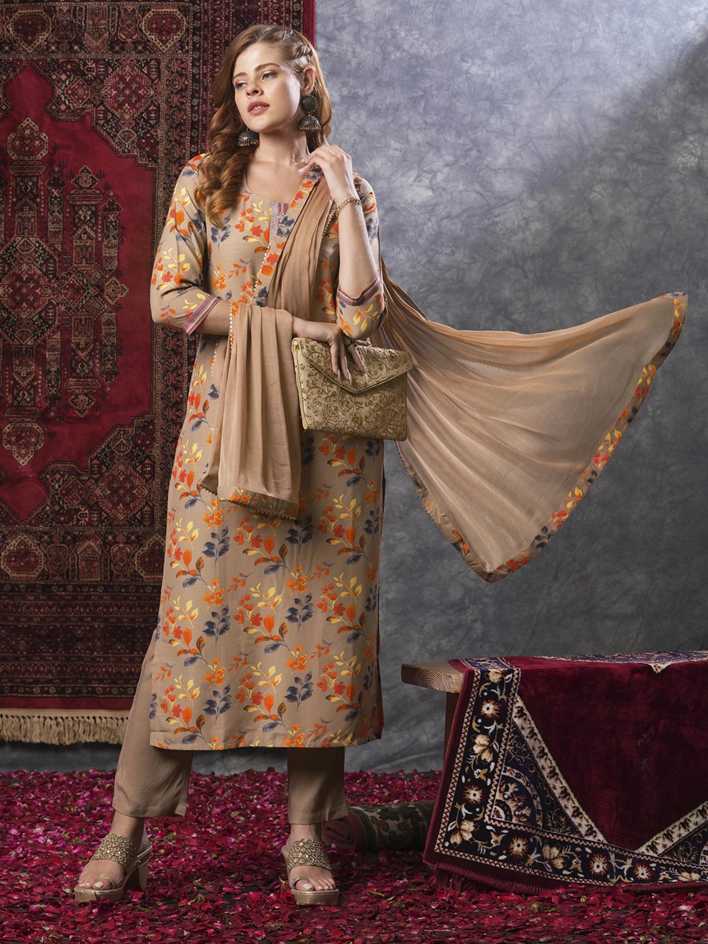 Women Cotton Rayon Kurta Pant Attached Dupatta Set