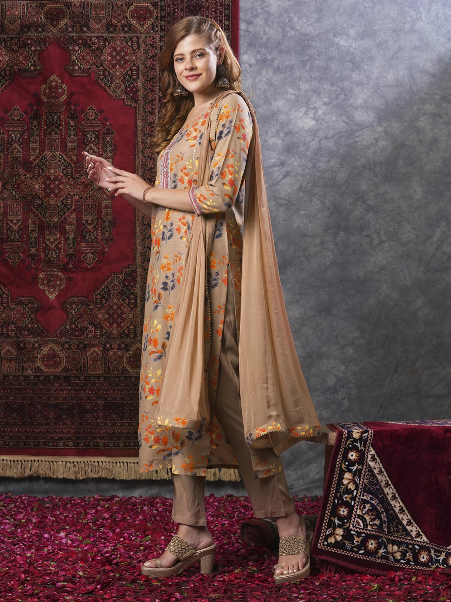 Women Cotton Rayon Kurta Pant Attached Dupatta Set