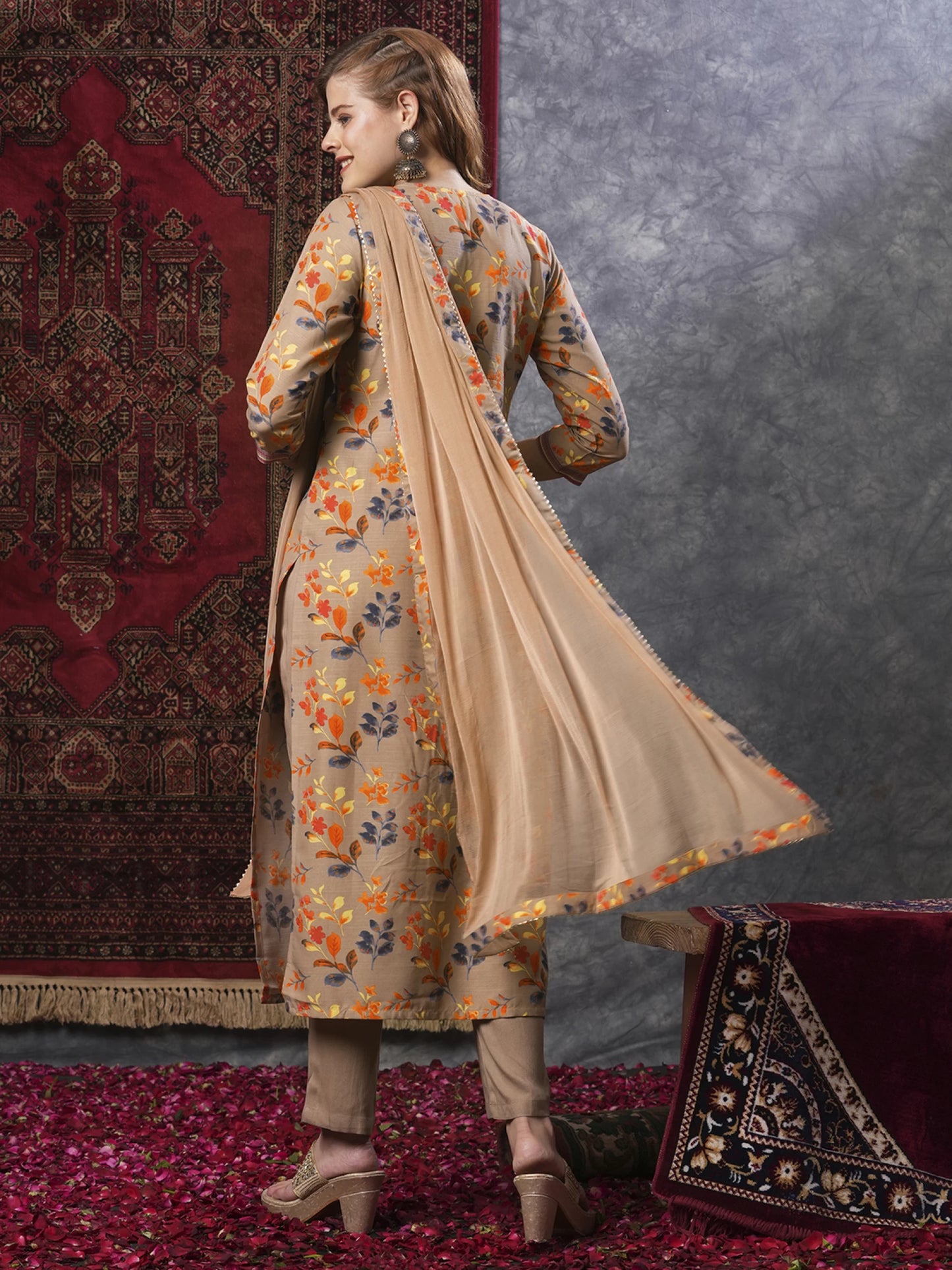 Women Cotton Rayon Kurta Pant Attached Dupatta Set