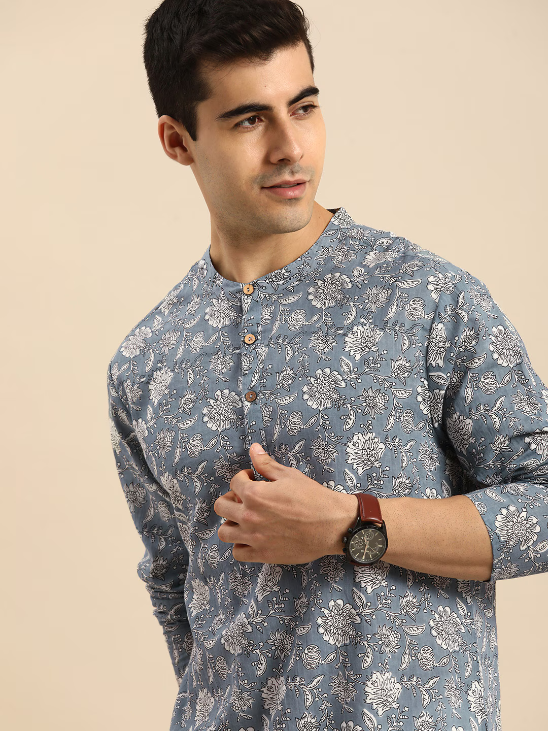 Men Grey & White Floral Printed Pure Cotton Straight Kurta