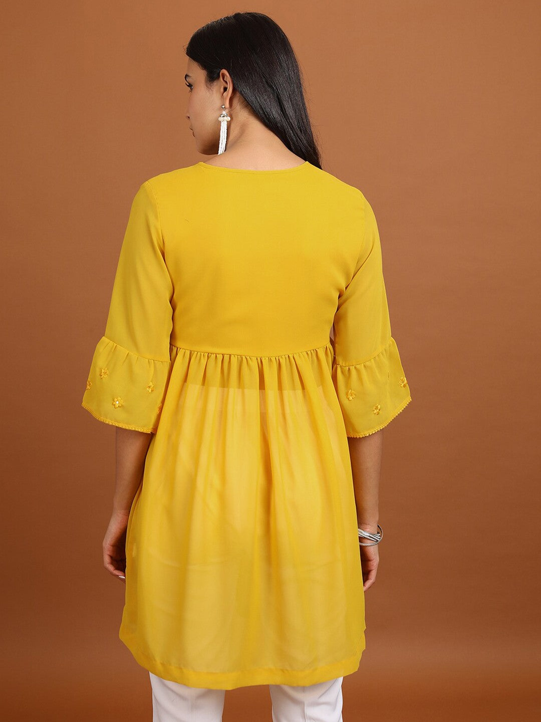 Ethnic Motifs Embroidered V-Neck Bell Sleeve Pleated A-Line Kurti