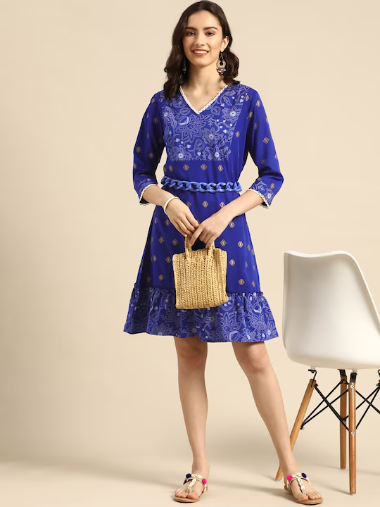 Blue & Grey Ethnic Motifs A-Line Dress