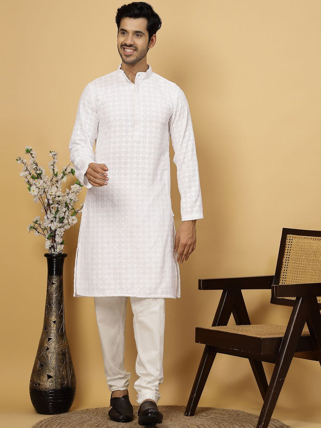 Ethnic Motifs Embroidered Sequined Pure Cotton Kurta