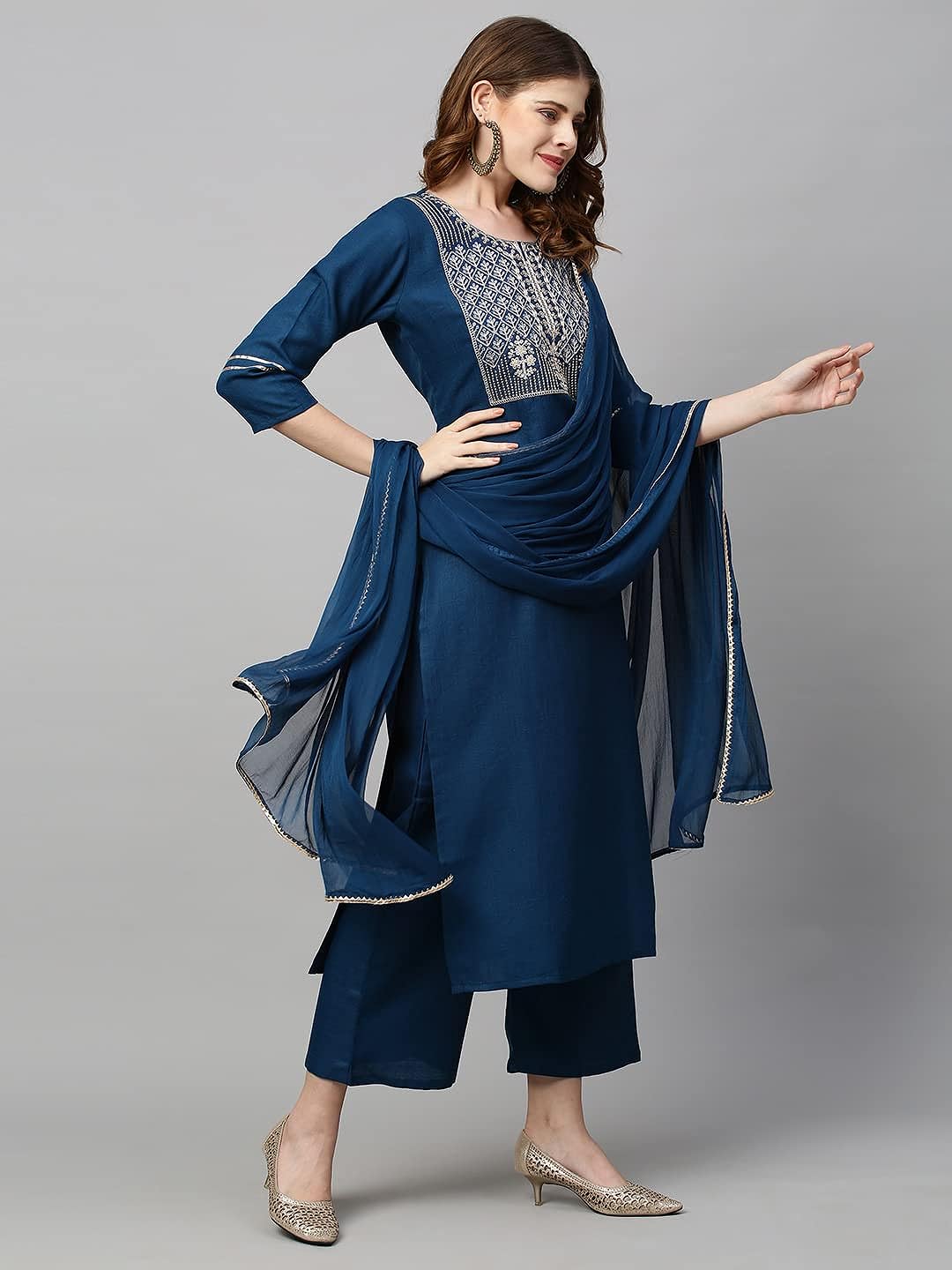 Women's Blue Cotton Blend Straight Embroidered Kurta with Pant & Dupatta