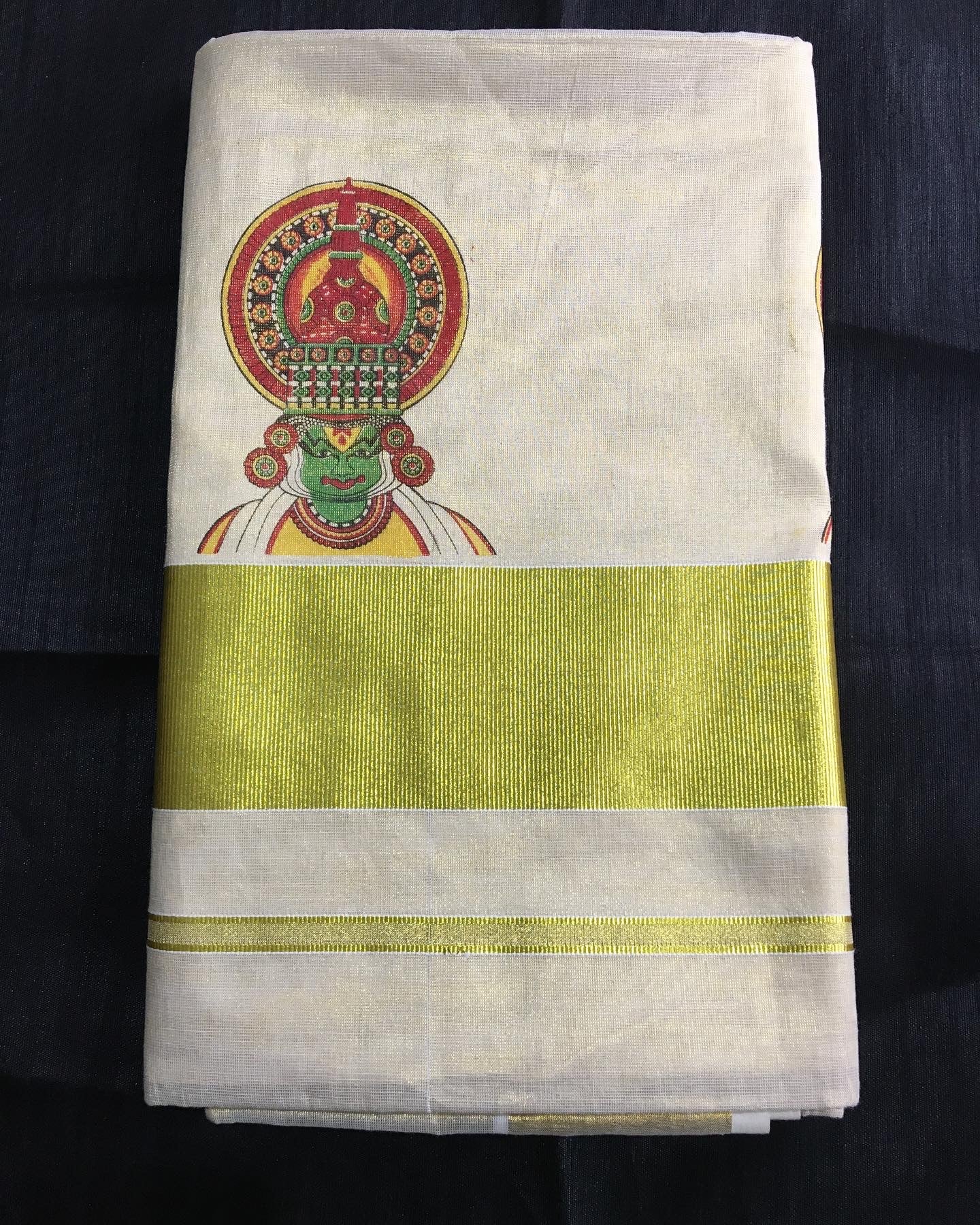 Tissue Silk Kerala Kasavu Saree Colorful Kathakali Print