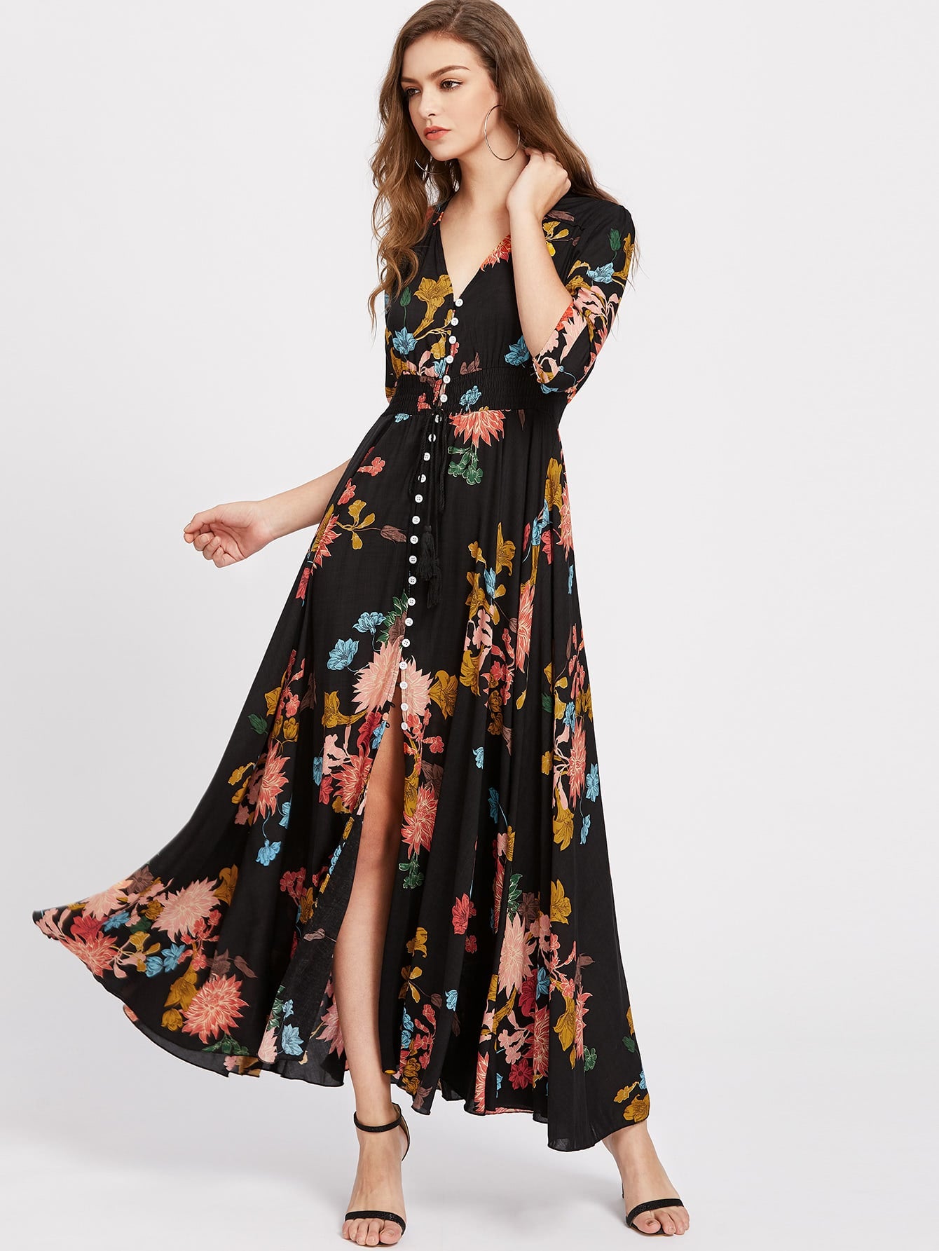 Smocked Waist Button Through Floral Maxi Dress