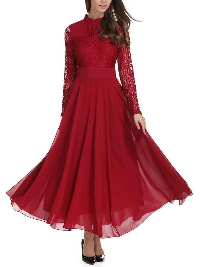 Frill Neck Lace Bodice Flowy Dress Amy's Cart Frill Neck Lace Bodice Flowy Dress Amy's Cart