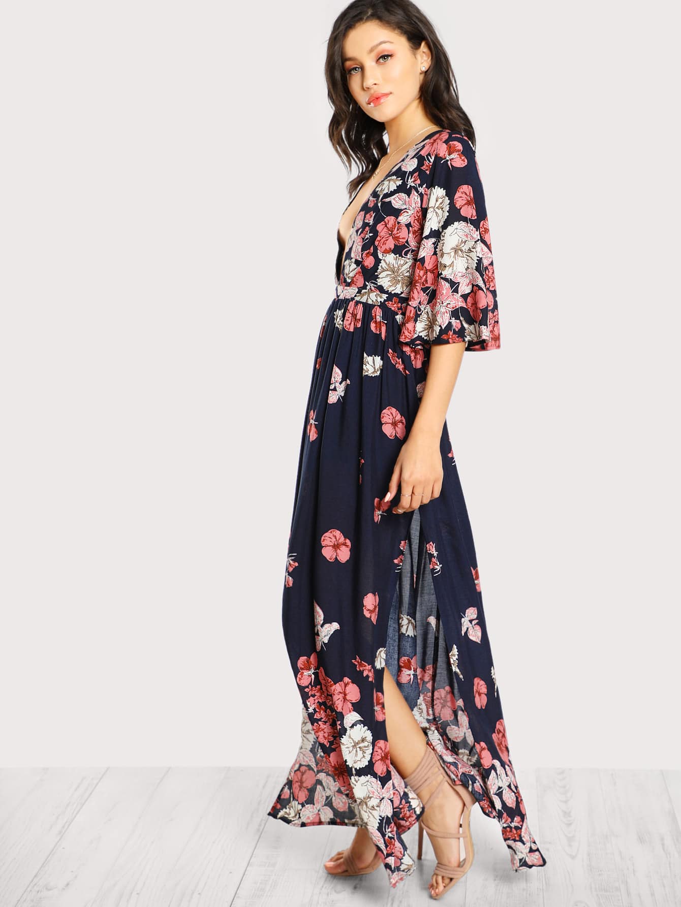 Lace Up Back Plunge Neck Split Floral Dress