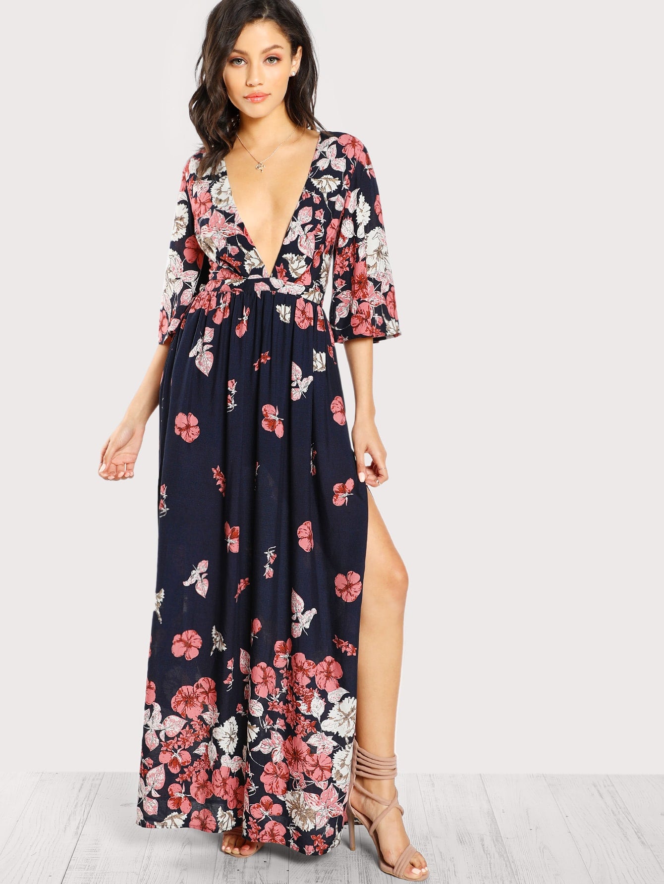 Lace Up Back Plunge Neck Split Floral Dress