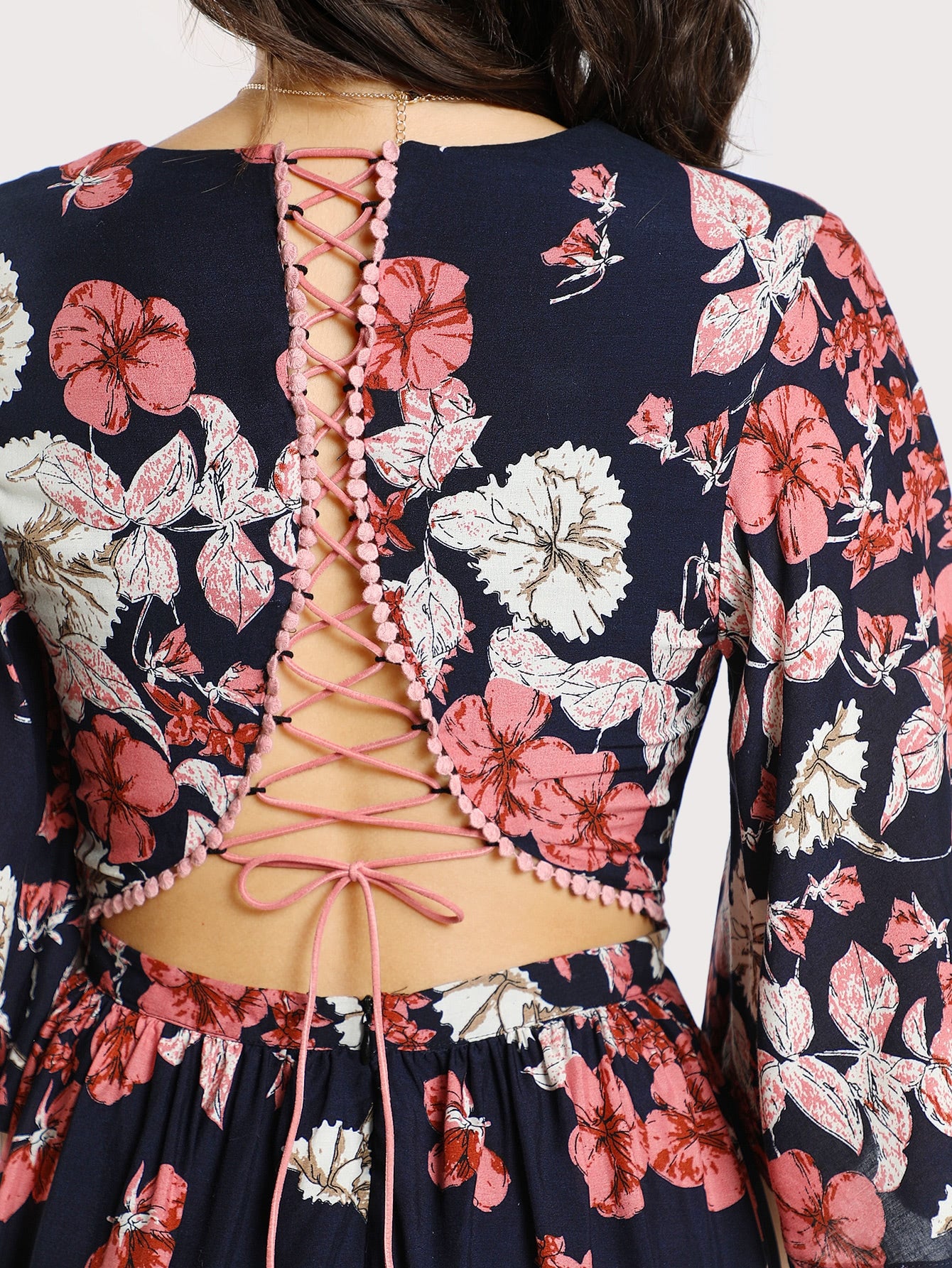 Lace Up Back Plunge Neck Split Floral Dress
