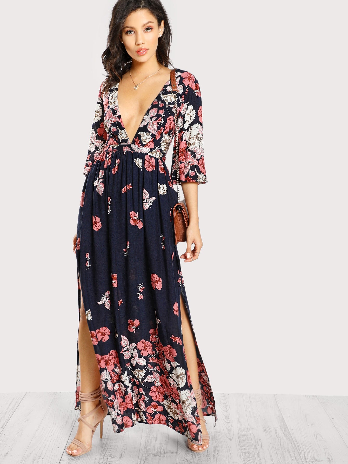 Lace Up Back Plunge Neck Split Floral Dress