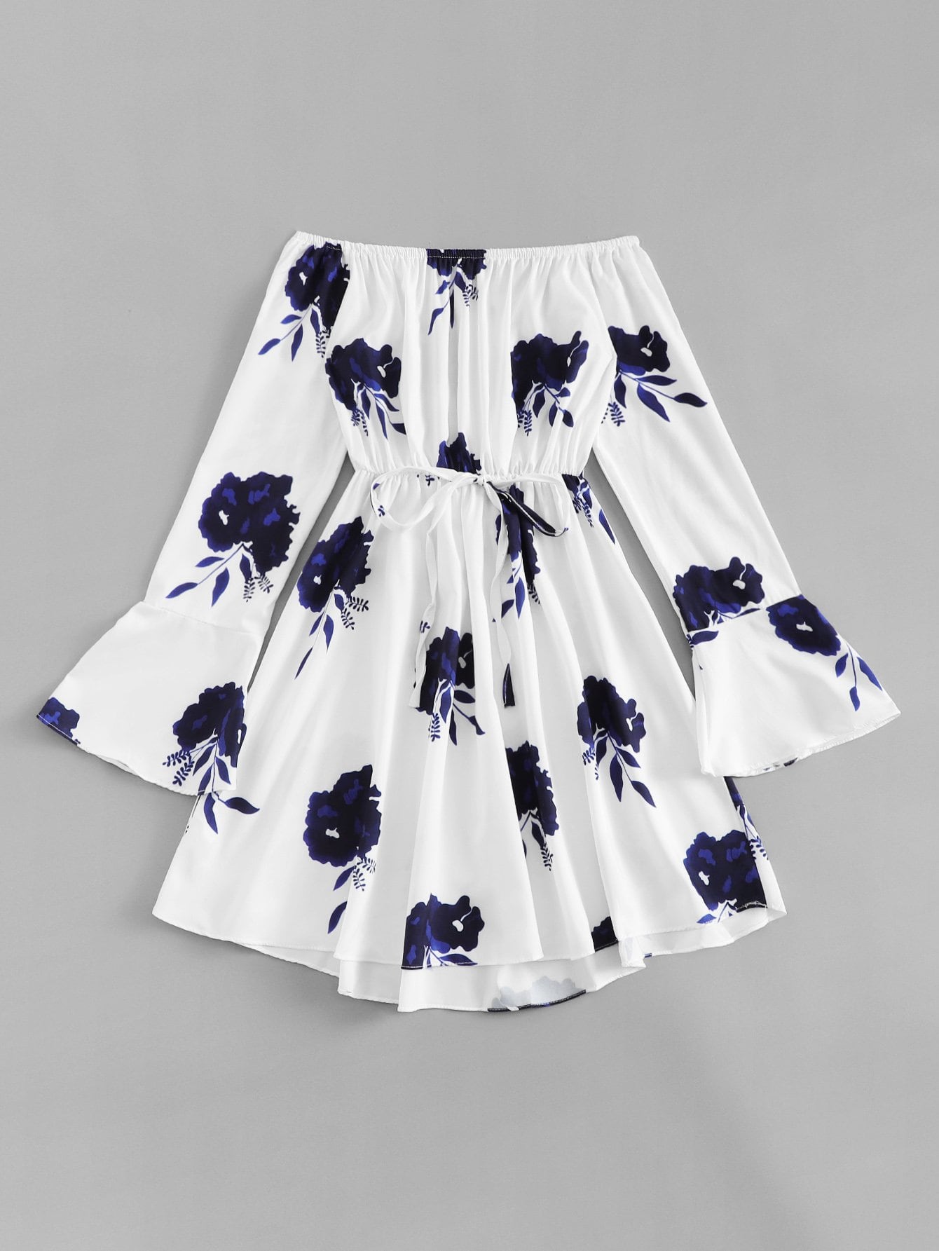 Flounce Sleeve Drawstring Waist Floral Dress
