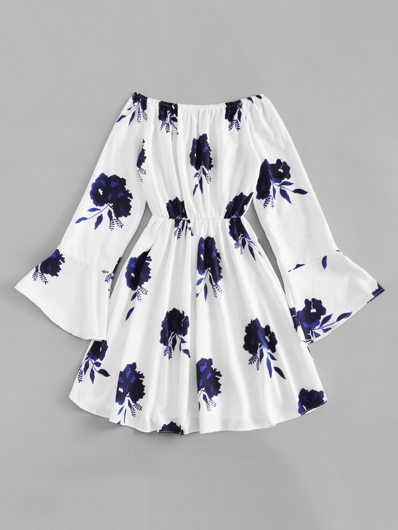 Flounce Sleeve Drawstring Waist Floral Dress